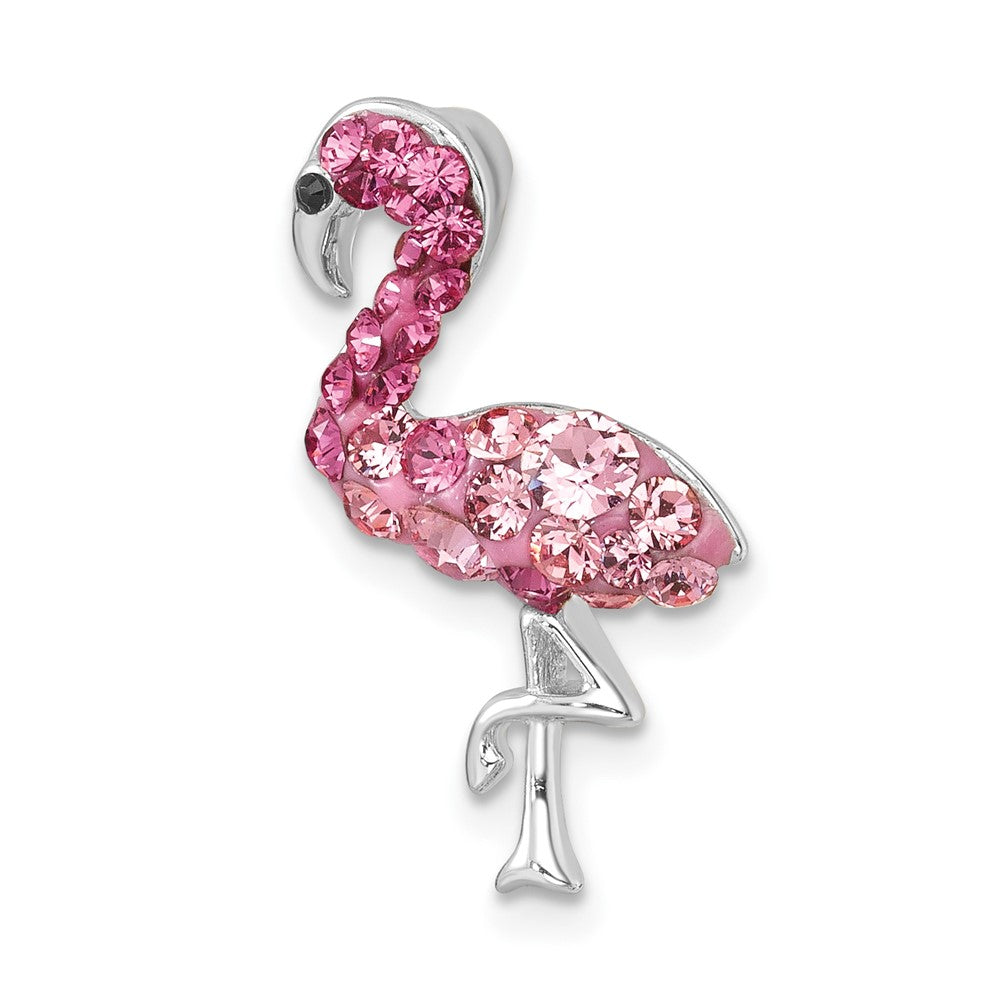 Sterling Silver Rhodium-plated Polished Pink Crystal Flamingo Chain Slide