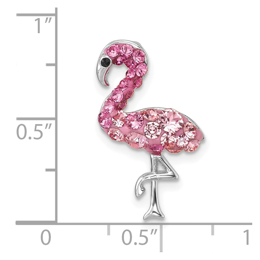 Sterling Silver Rhodium-plated Polished Pink Crystal Flamingo Chain Slide