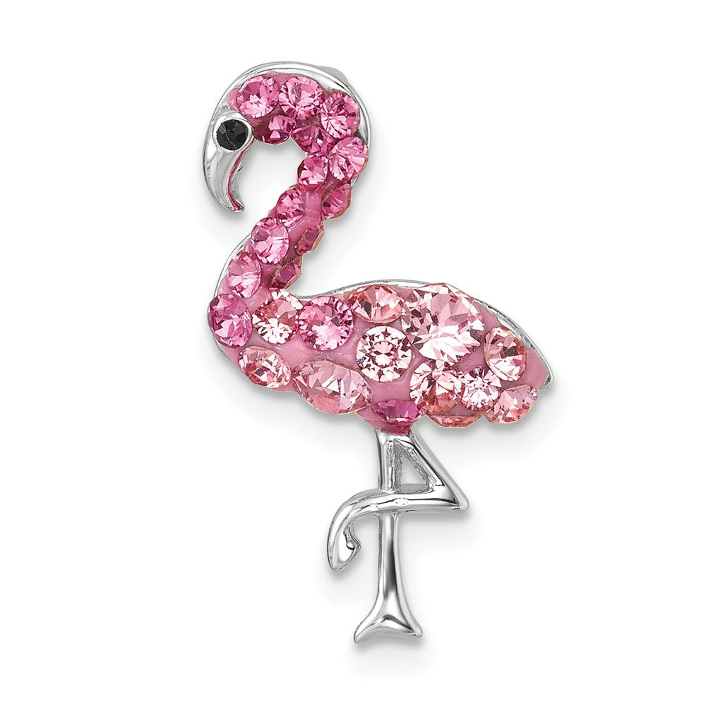 Sterling Silver Rhodium-plated Polished Pink Crystal Flamingo Chain Slide