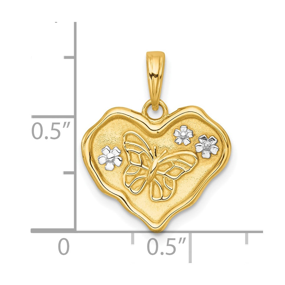 14k with White Rhodium Polished And Brushed Butterfly and Flowers In Wavy Heart Pendant