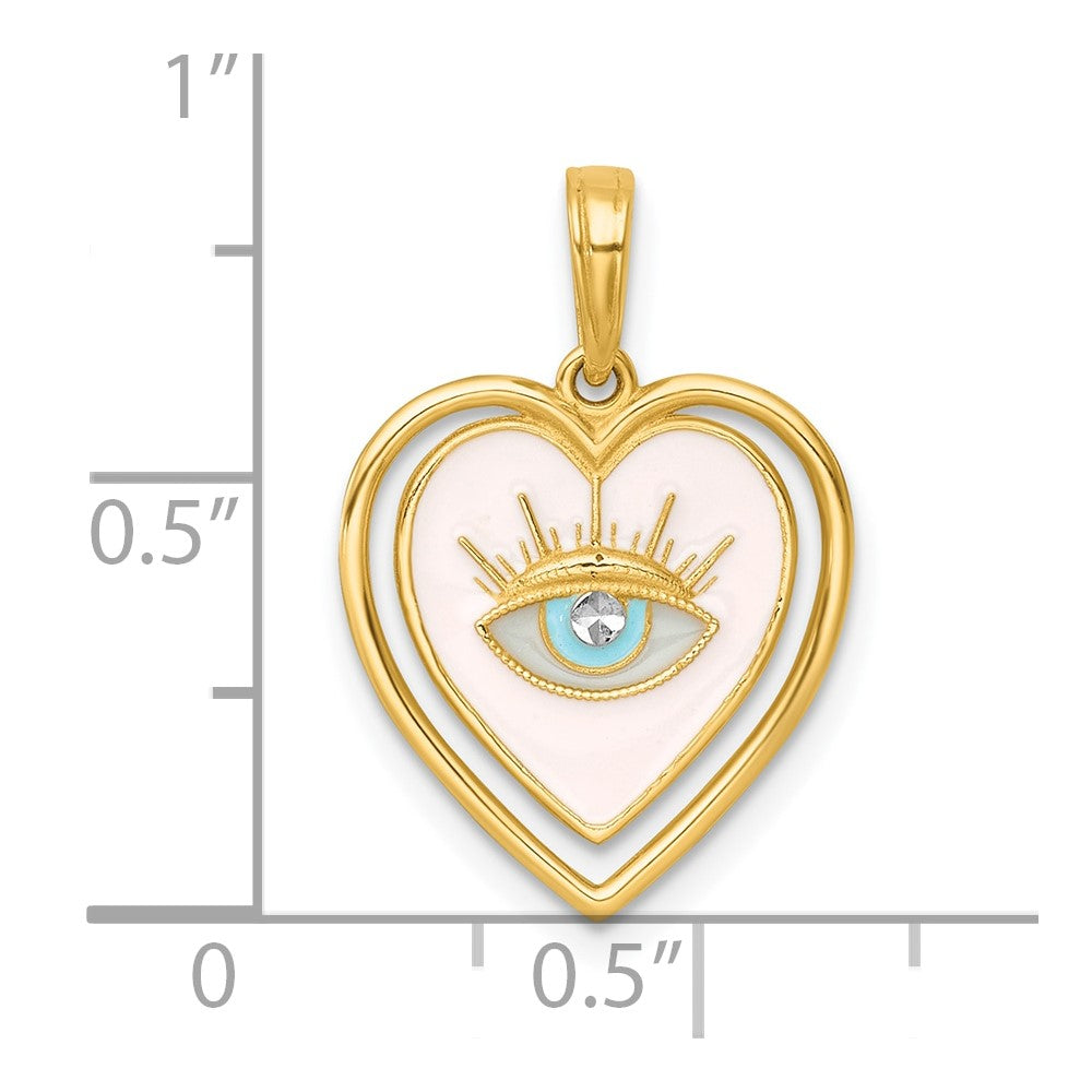 14k with White Rhodium Polished Multi Color Enamel Eye In Heart Charm