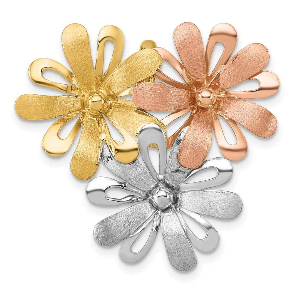 14k with White and Rose-tone Rhodium Brushed and Polished Three Flowers Chain Slide Pendant