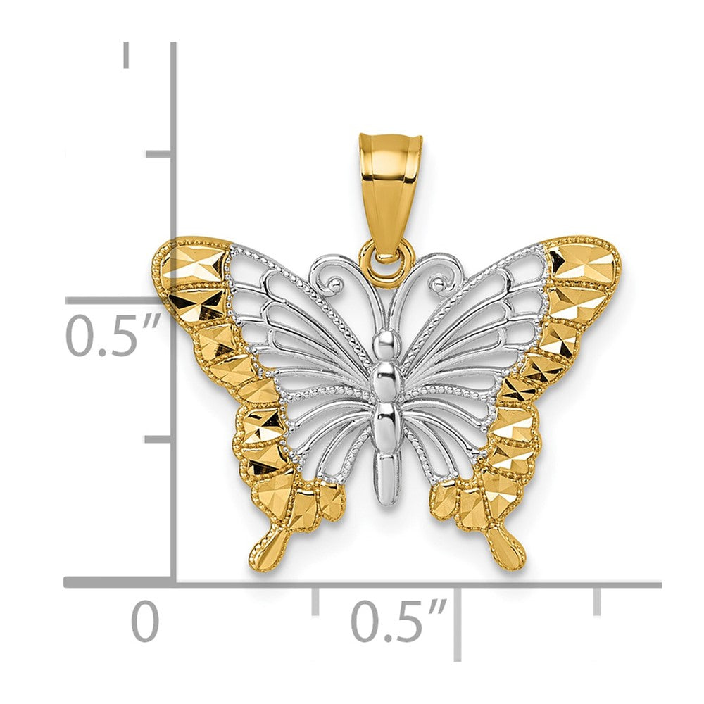 14k and Rhodium Diamond-cut Polished Cut-out Butterfly Pendant