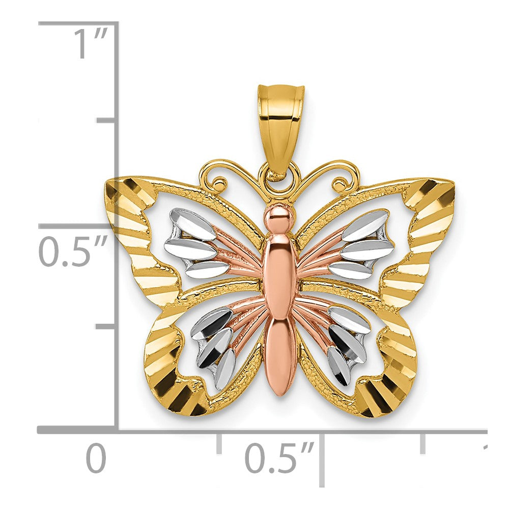 14k Two-tone with White Rhodium Diamond-cut Polished Cut-out Butterfly Pendant