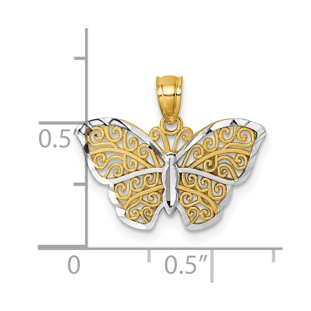 14k Polished with Rhodium Diamond-cut Filigree Butterfly Pendant