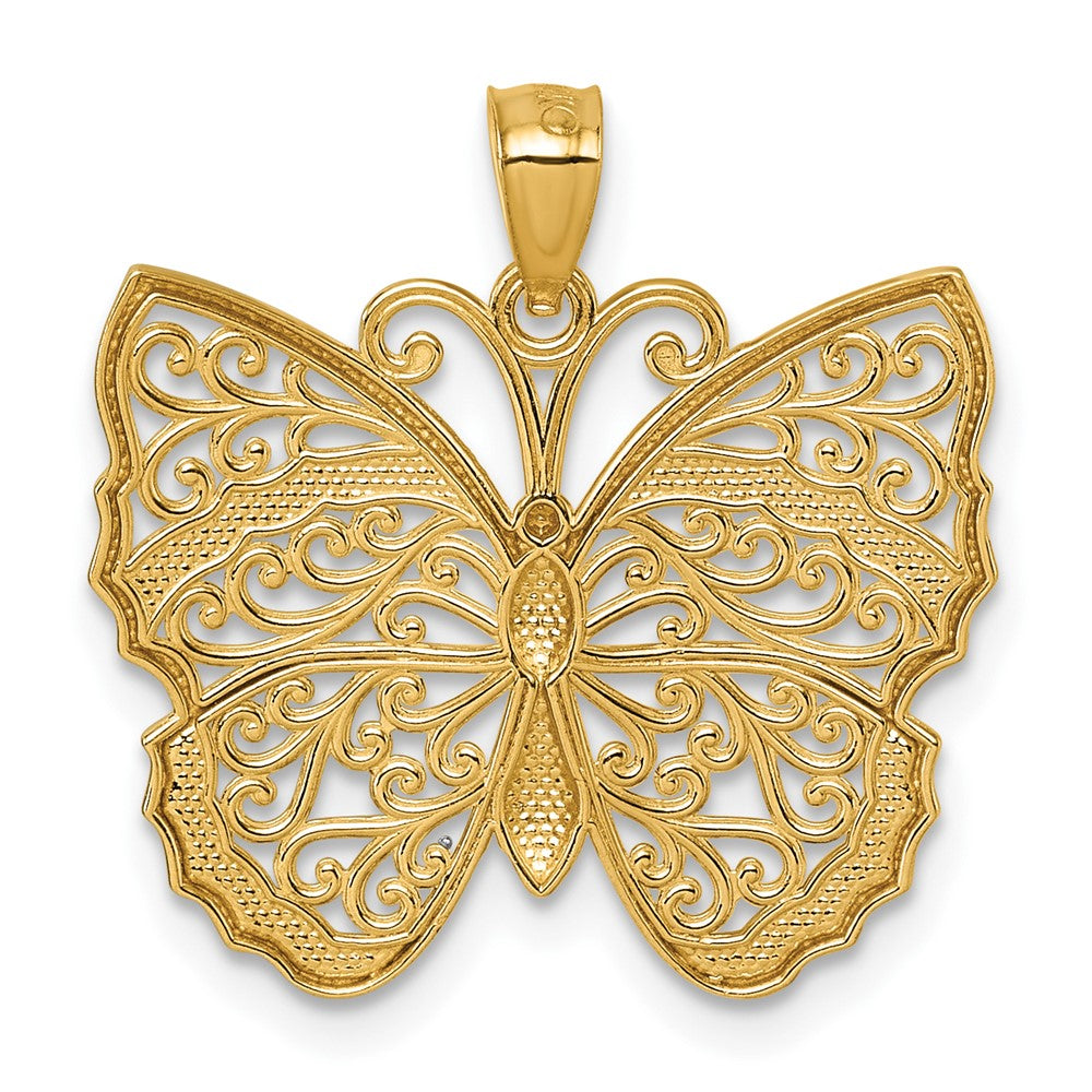 14k and Rhodium Textured Fancy Filigree Butterfly Pendant