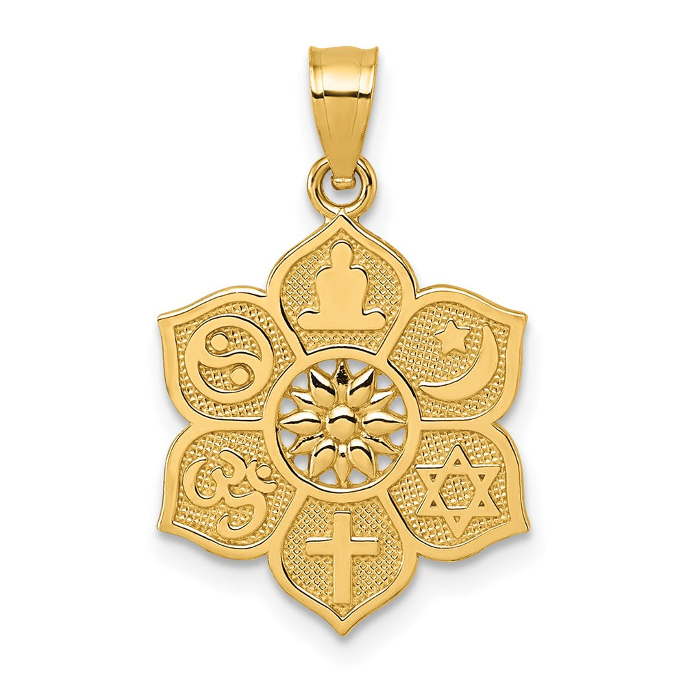 14k Polished And Textured Multi-faith Symbol Flower Pendant