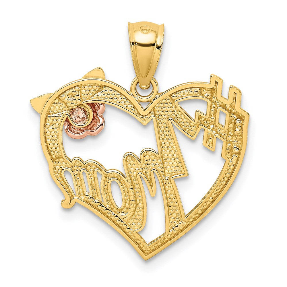 14k Two-tone with White Rhodium #1 MOM with Flower Heart Pendant