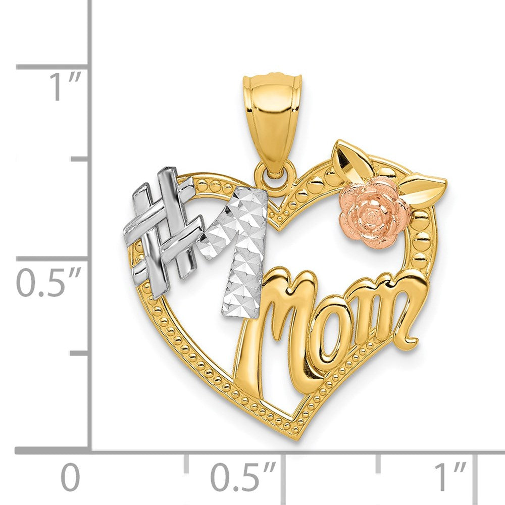 14k Two-tone with White Rhodium #1 MOM with Flower Heart Pendant