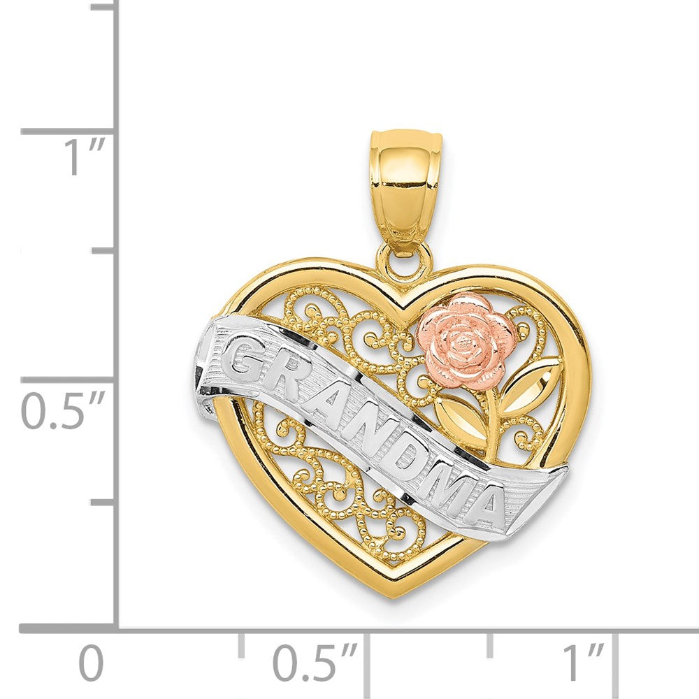 14k Two-tone with White Rhodium GRANDMA Heart with Rose Pendant