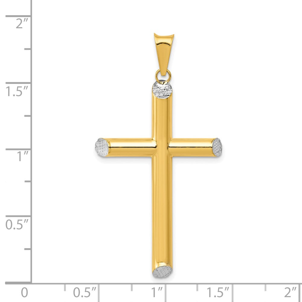 14K and White Rhodium 3-D Hollow Diamond-cut Cross Pendant