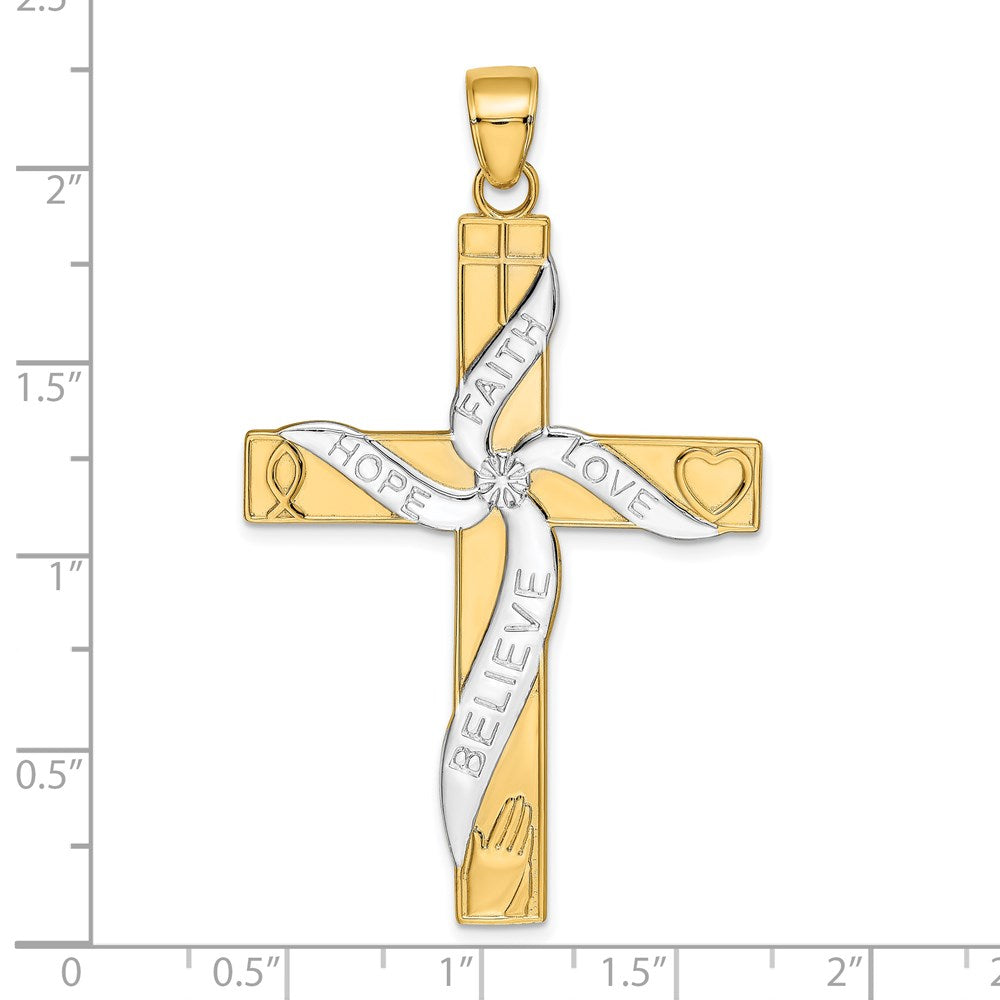 14K and White Rhodium Large HOPE FAITH LOVE BELIEVE Cross Pendant