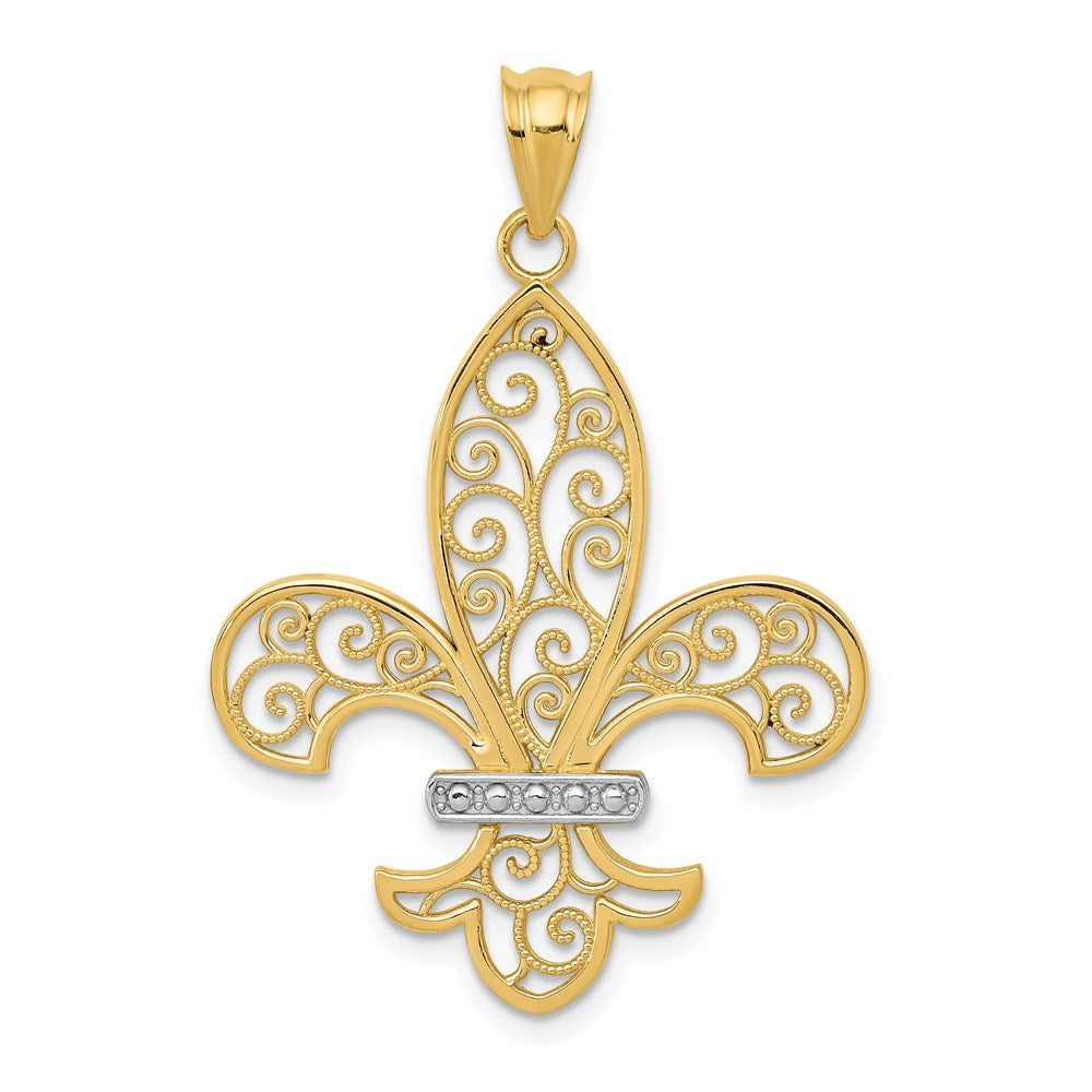Solid;Polished;14k Yellow gold;Open back;Filigree;Rhodium;Textured