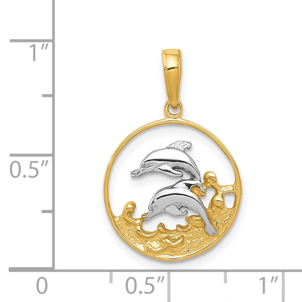 14K and White Rhodium Double Dolphins In Circle Pendant
