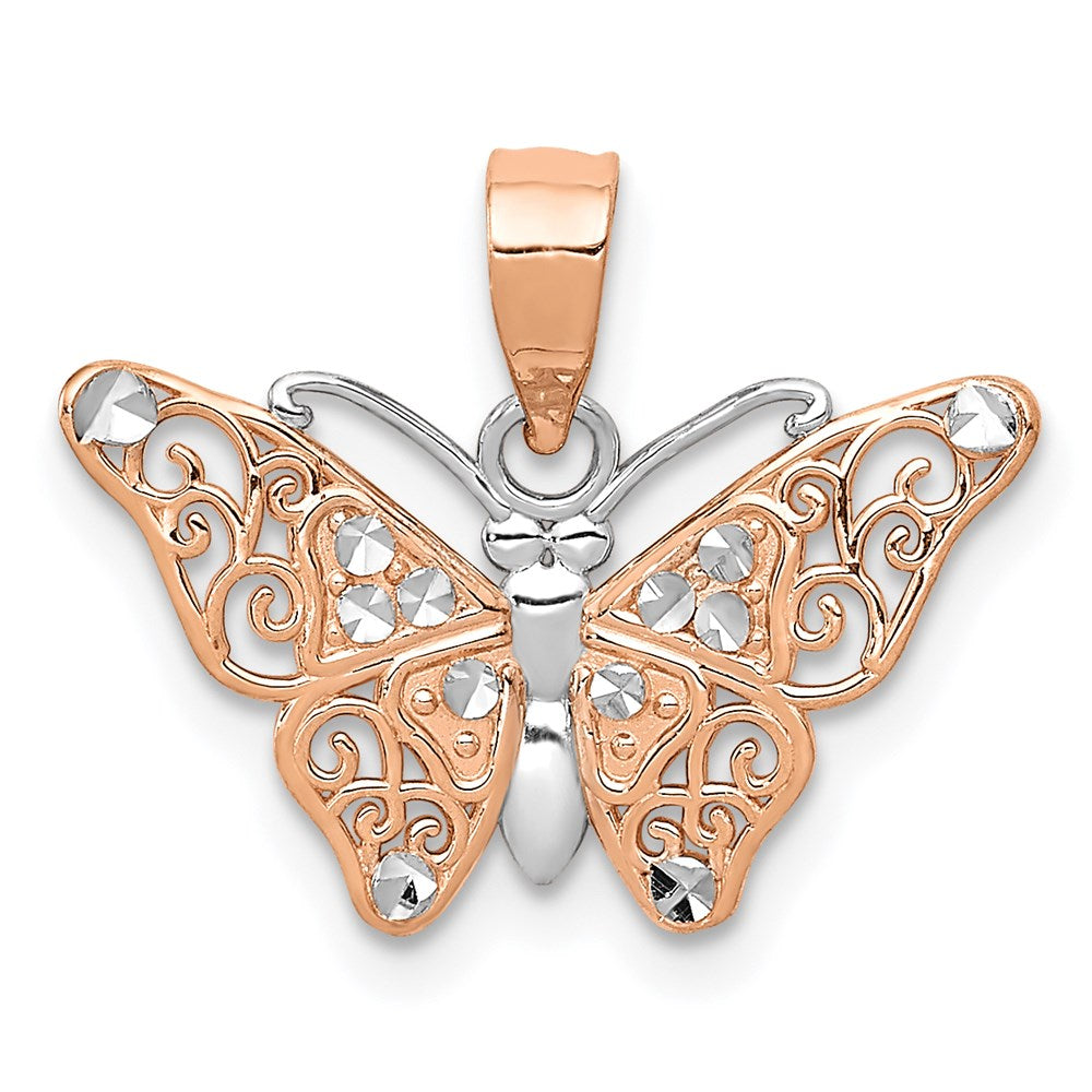 Solid;Diamond-cut;Polished;14k Rose gold;Rhodium;Textured back
