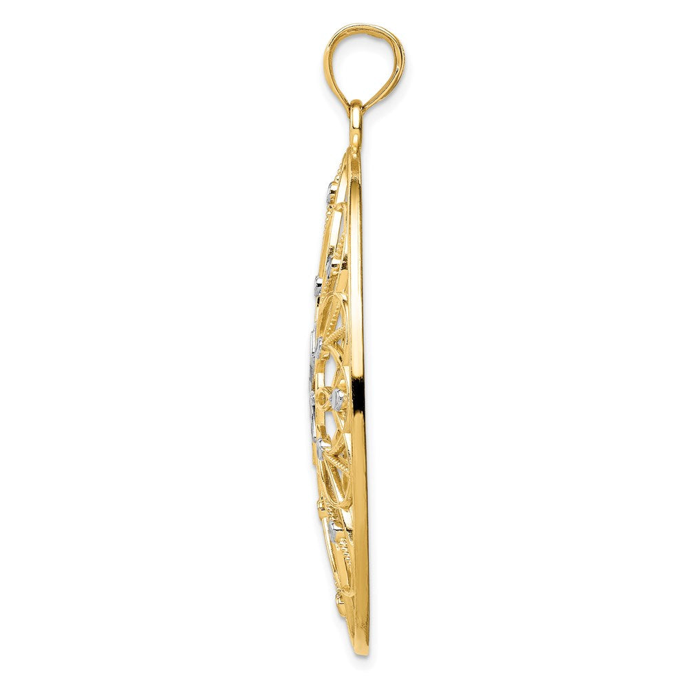 14k and  White Rhodium Floral Filigree Medallion Pendant