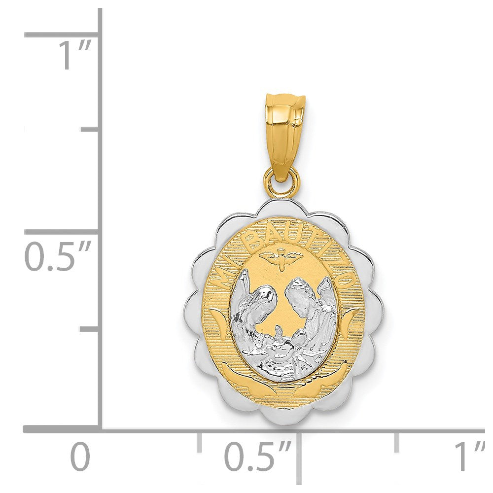 14K Two-tone and White Rhodium Solid Spanish Baptism Mi Bautizo Oval Pendant