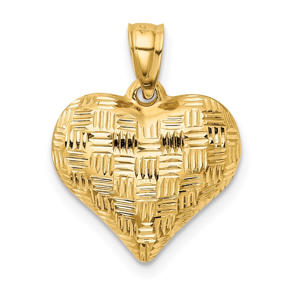 14K Polished Basket Weave Pattern 3-D Puffed Heart Pendant