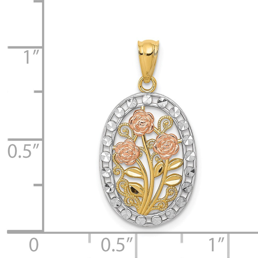 14k Yellow and Rose Gold with White Rhodium Oval 3 Rose Pendant