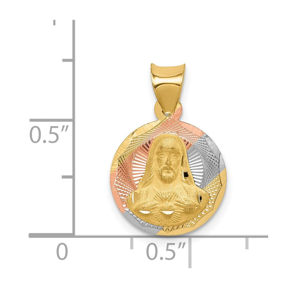 14K with Rose and White Rhodium Diamond-cut Solid Sagrado Corazon de Jesus Round Pendant