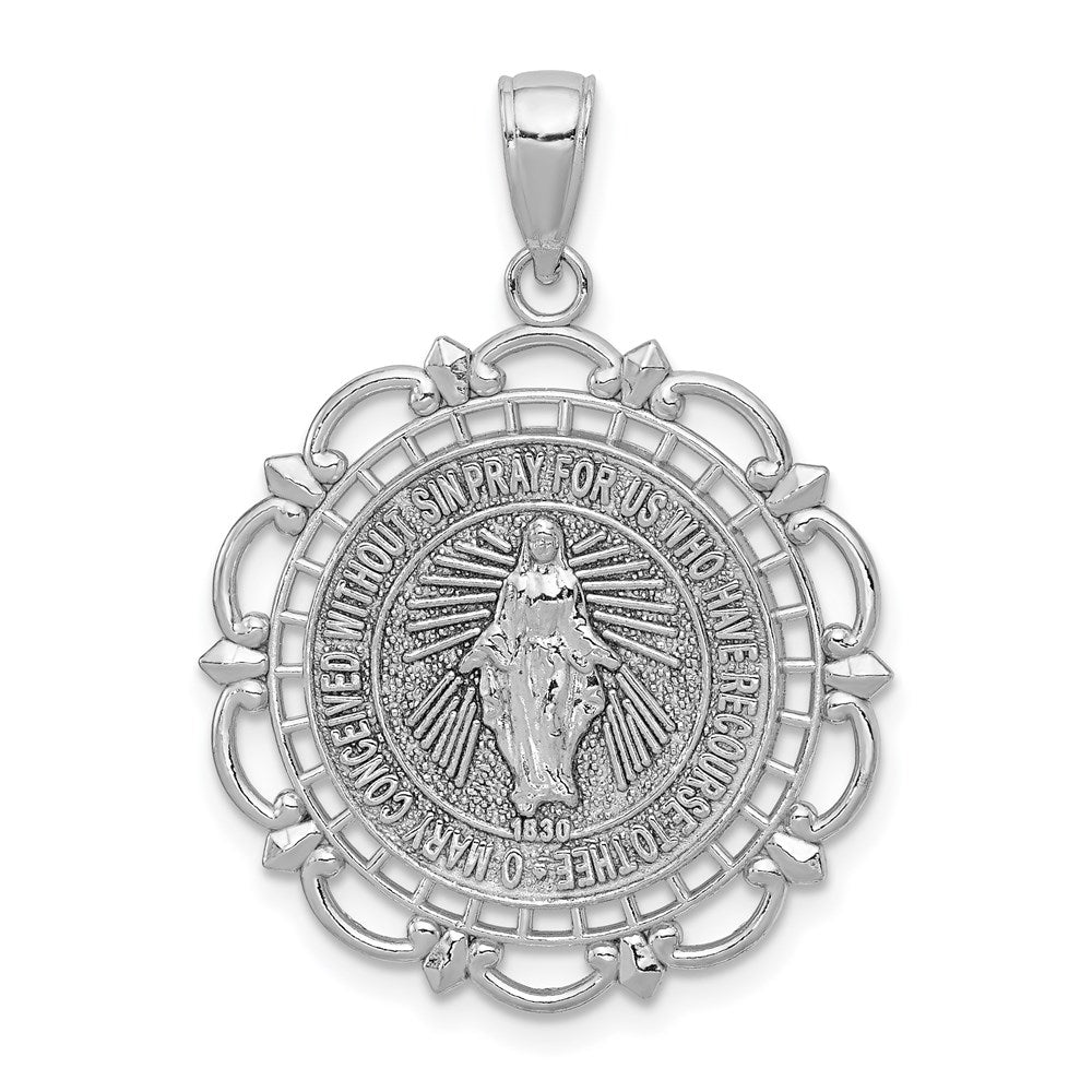 14K White Gold Polished Solid Large Miraculous Medal With Scallop Frame Round Pendant