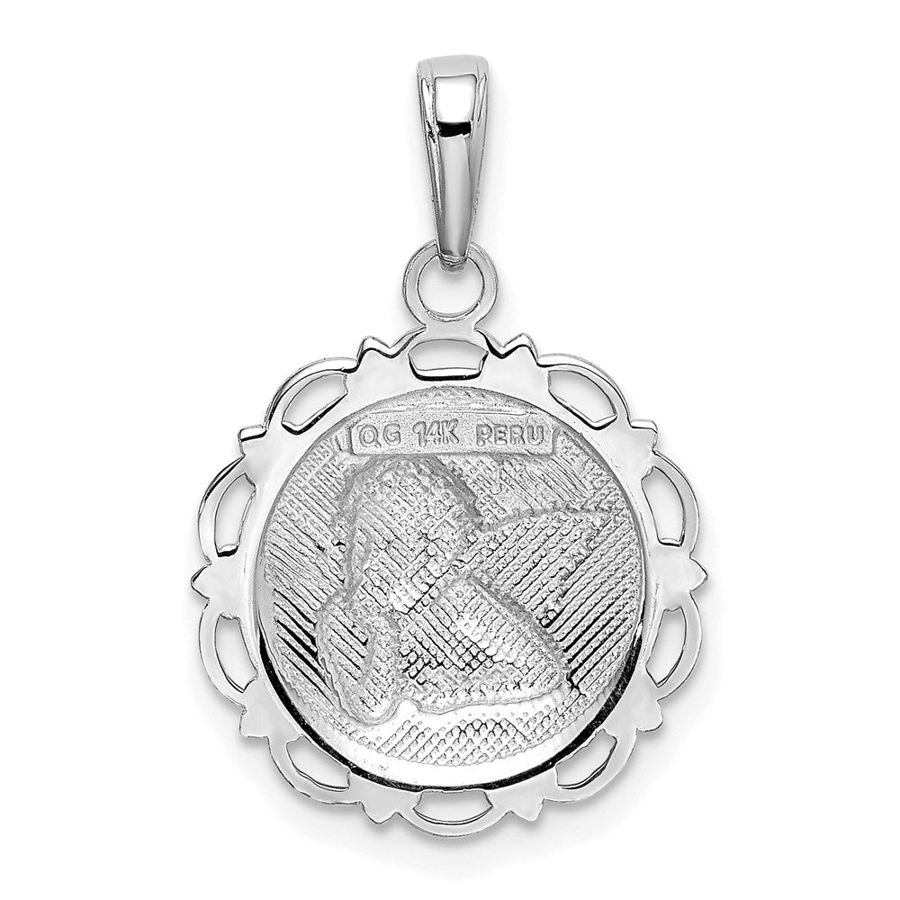 14K White Gold Polished Angel Cherub on Round Scallop Frame Pendant
