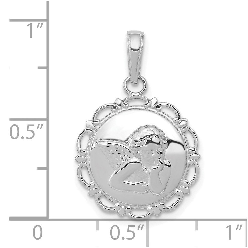 14K White Gold Polished Angel Cherub on Round Scallop Frame Pendant