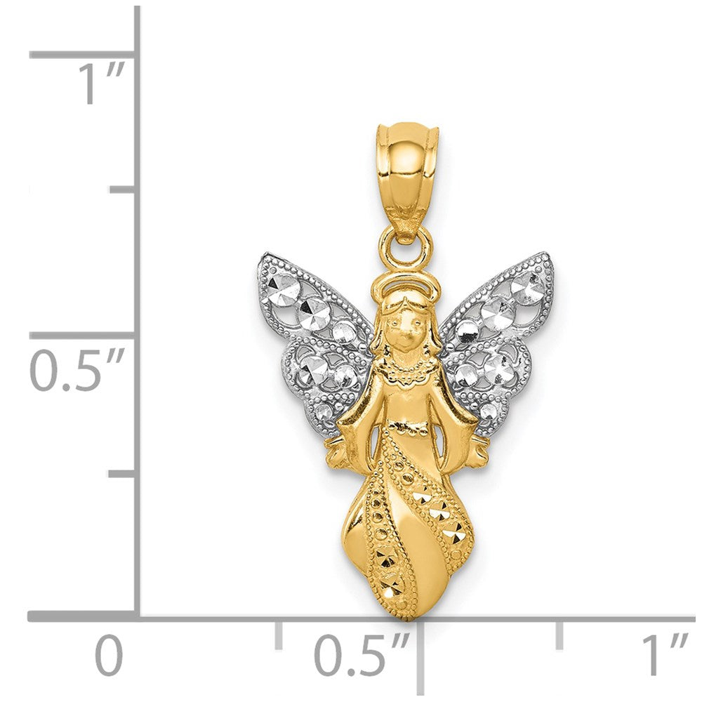 14K and White Rhodium Polished and Textured Angel Pendant