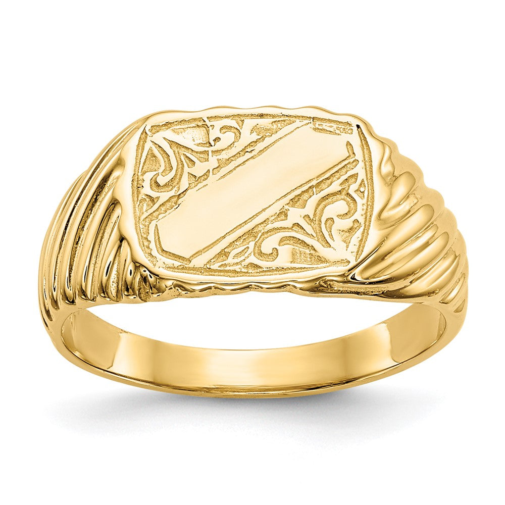Solid;Polished;14k Yellow gold;Open back;Engravable;Textured back