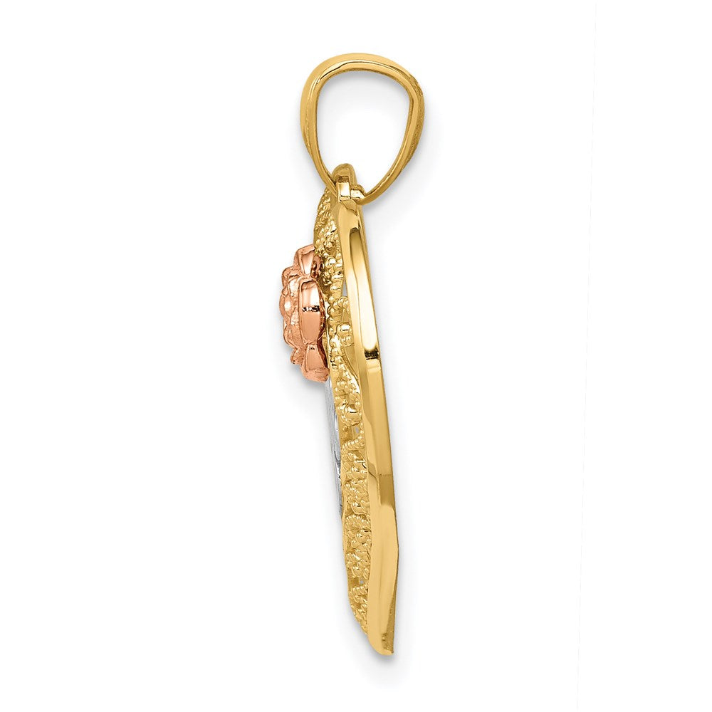 14k Two-tone with White Rhodium Diamond-cut MOM in Heart with Rose Pendant