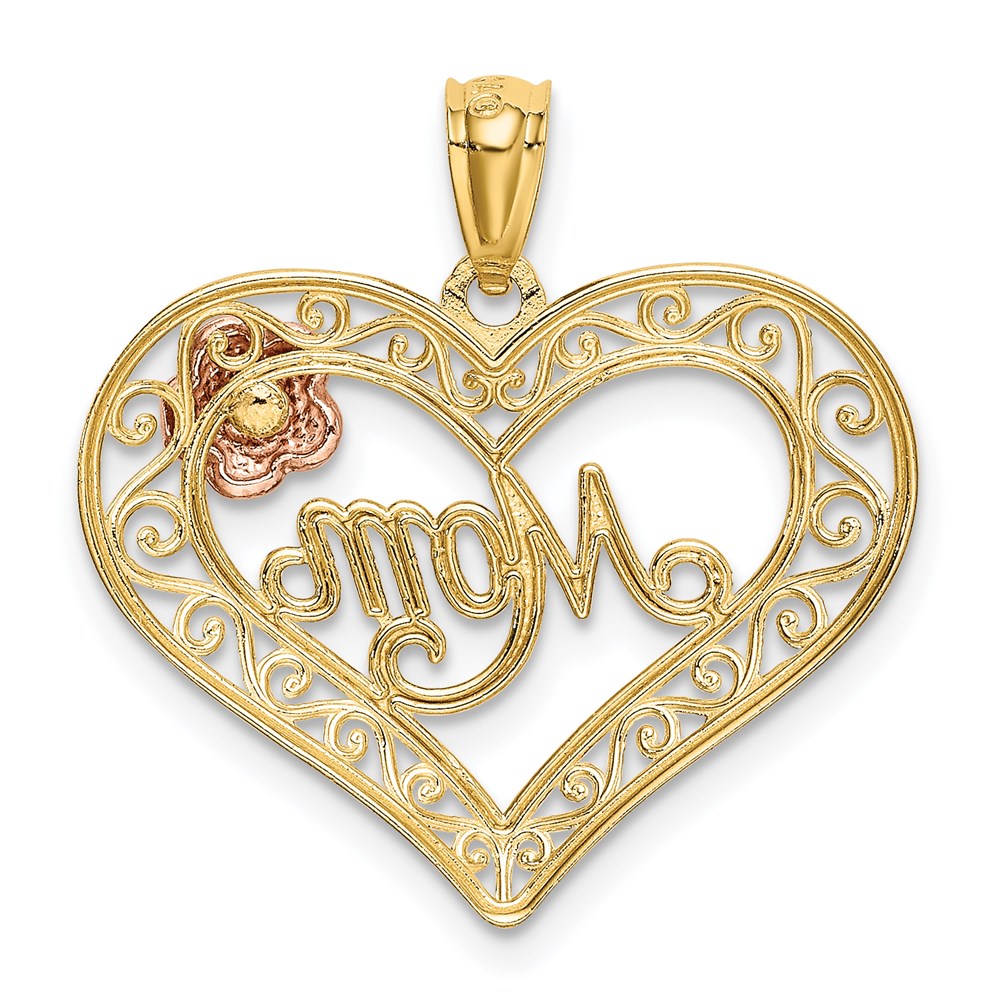 14k Two-tone with White Rhodium Diamond-cut MOM in Heart with Rose Pendant