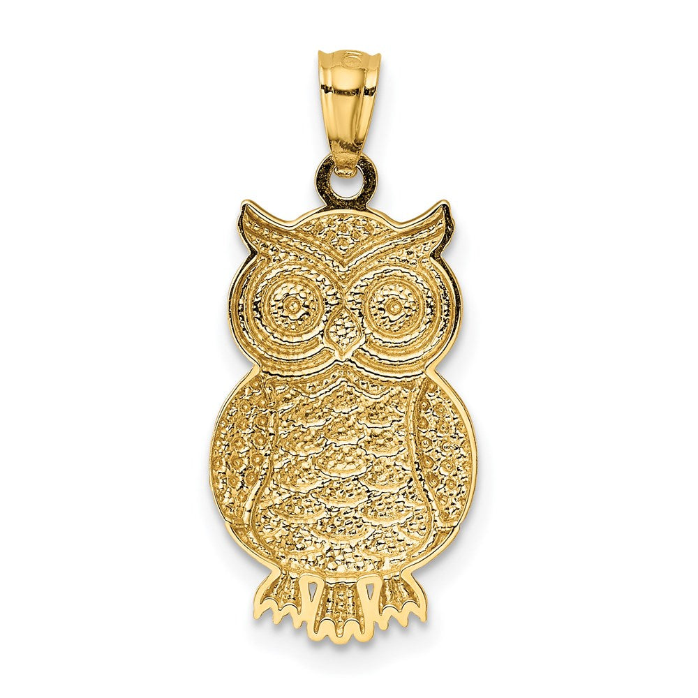 14K and White Rhodium Polished and Textured Owl Pendant