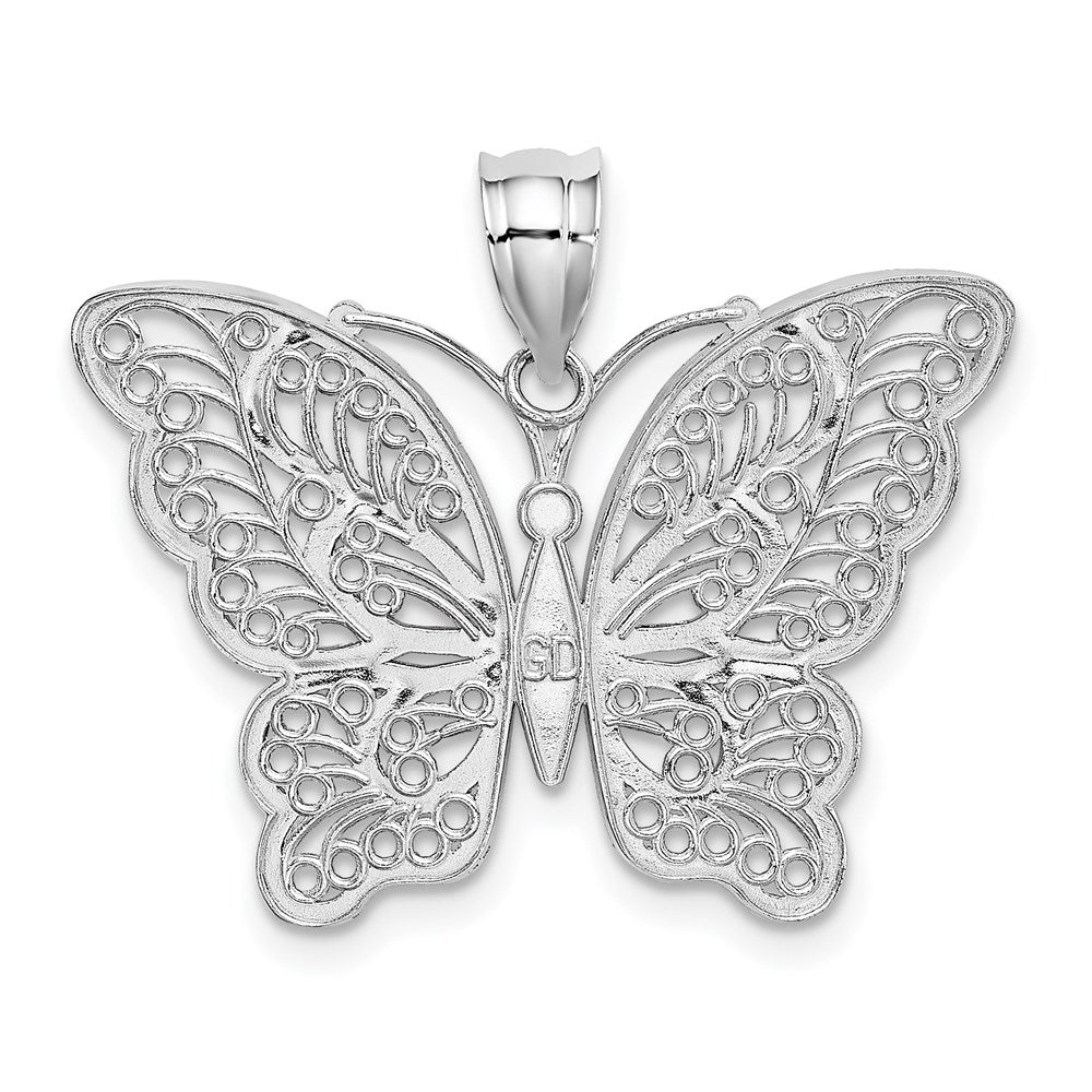 14k White Gold with Yellow Rhodium Polished Filigree Butterfly Pendant