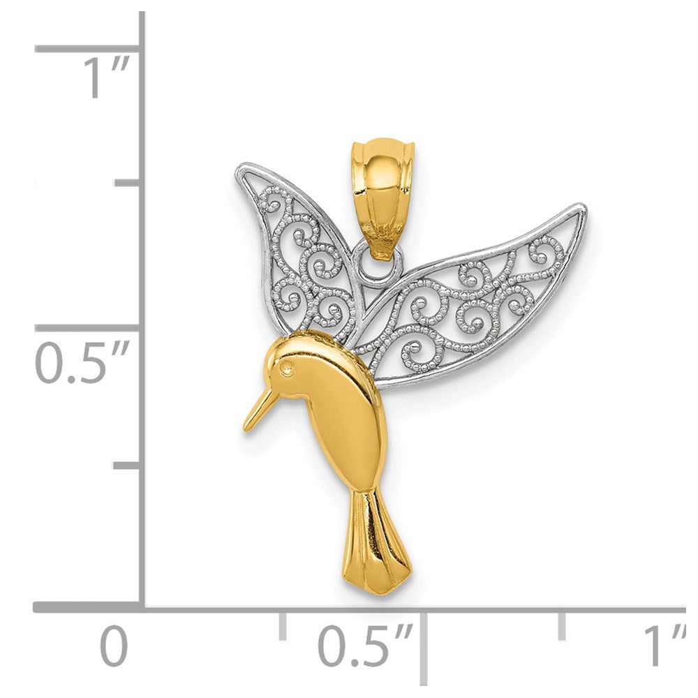 14k and White Rhodium Polished Hummingbird with Filigree Wings Pendant