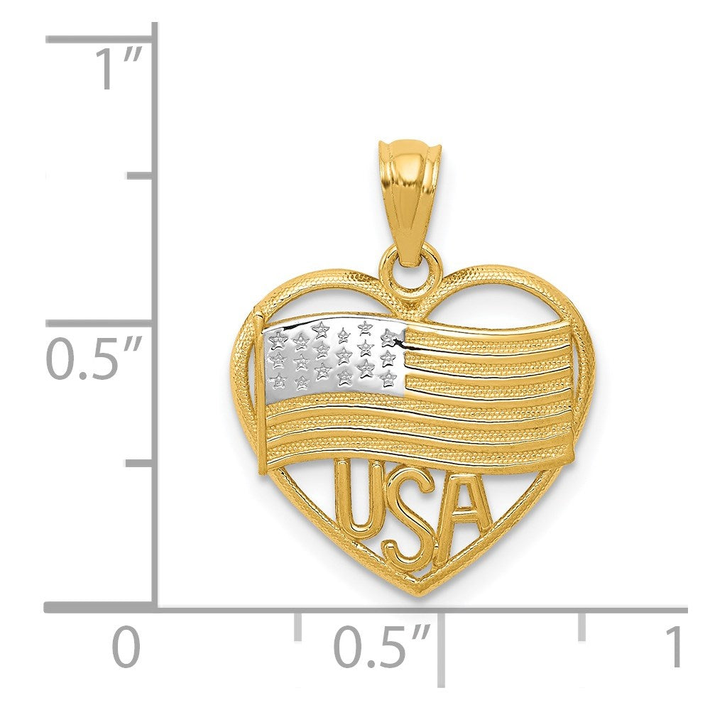 14k and White Rhodium Polished American Flag USA in Heart Pendant