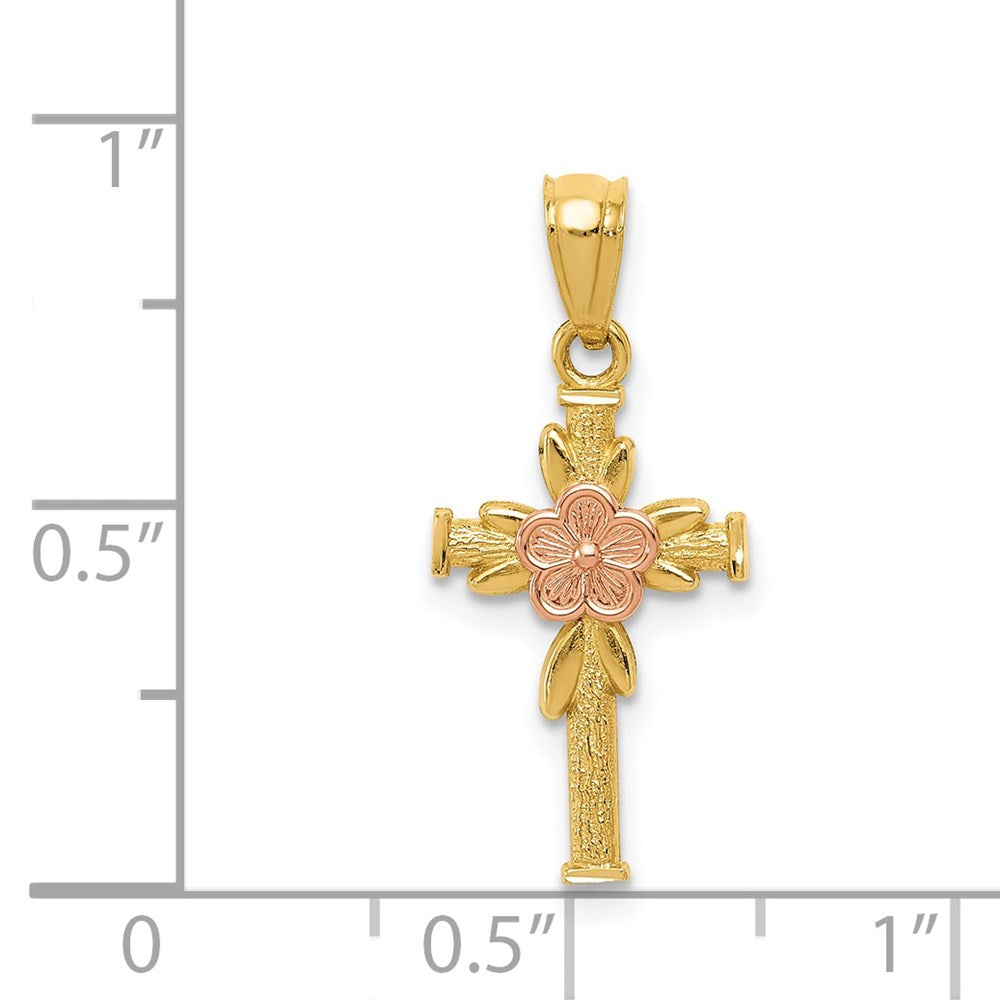 14K Two-tone Polished Diamond-cut Cross with Flower Pendant