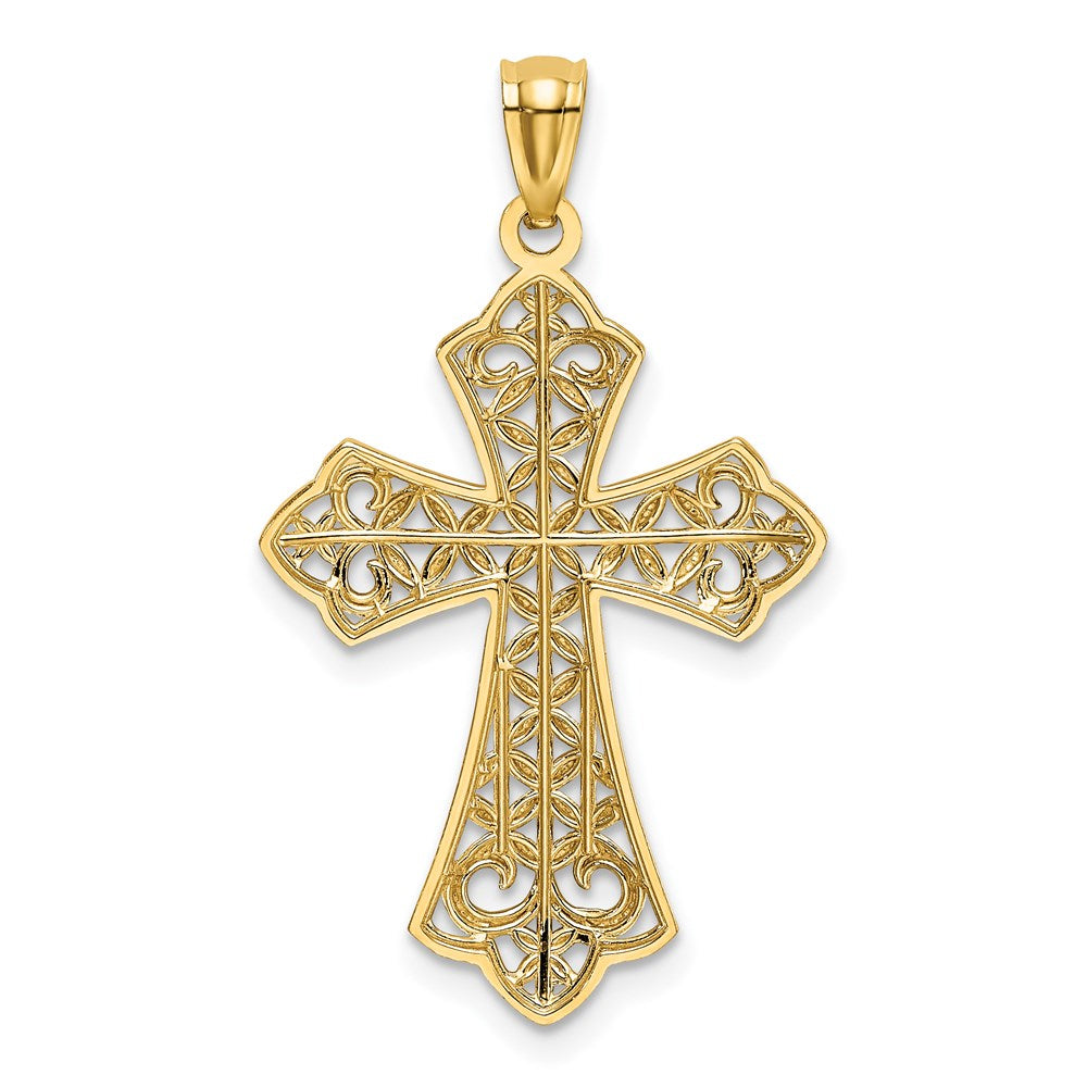 14k and White Rhodium Polished Diamond-cut Filigree Cross Pendant