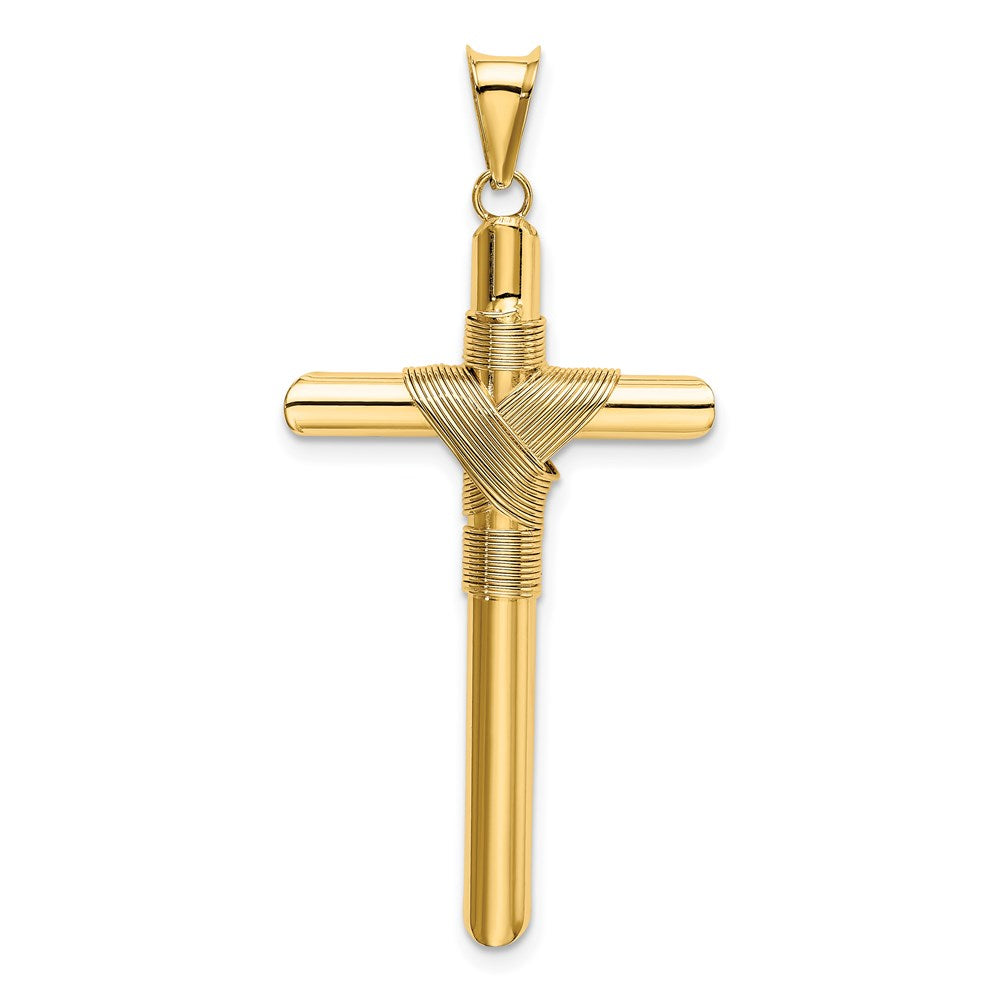 14K Polished with Center Wrap Tube Cross Pendant