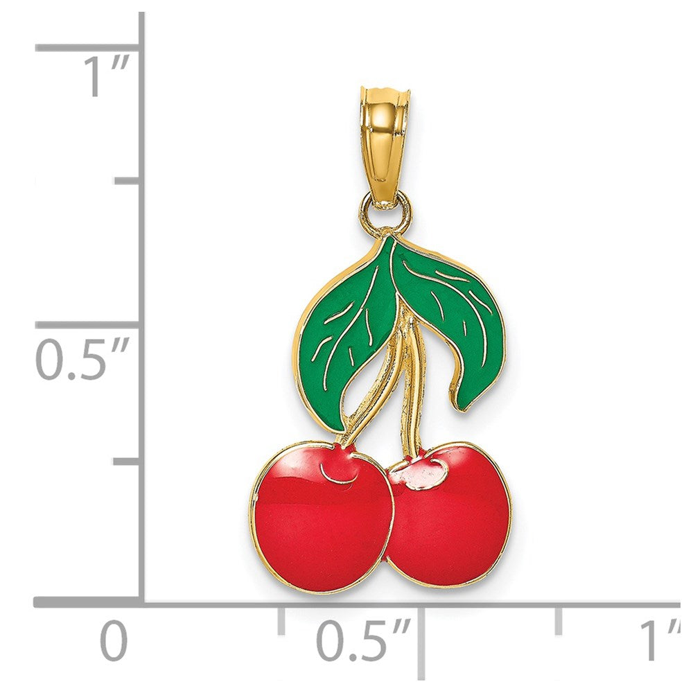 14K Red and Green Enameled Cherries with Leaf Charm