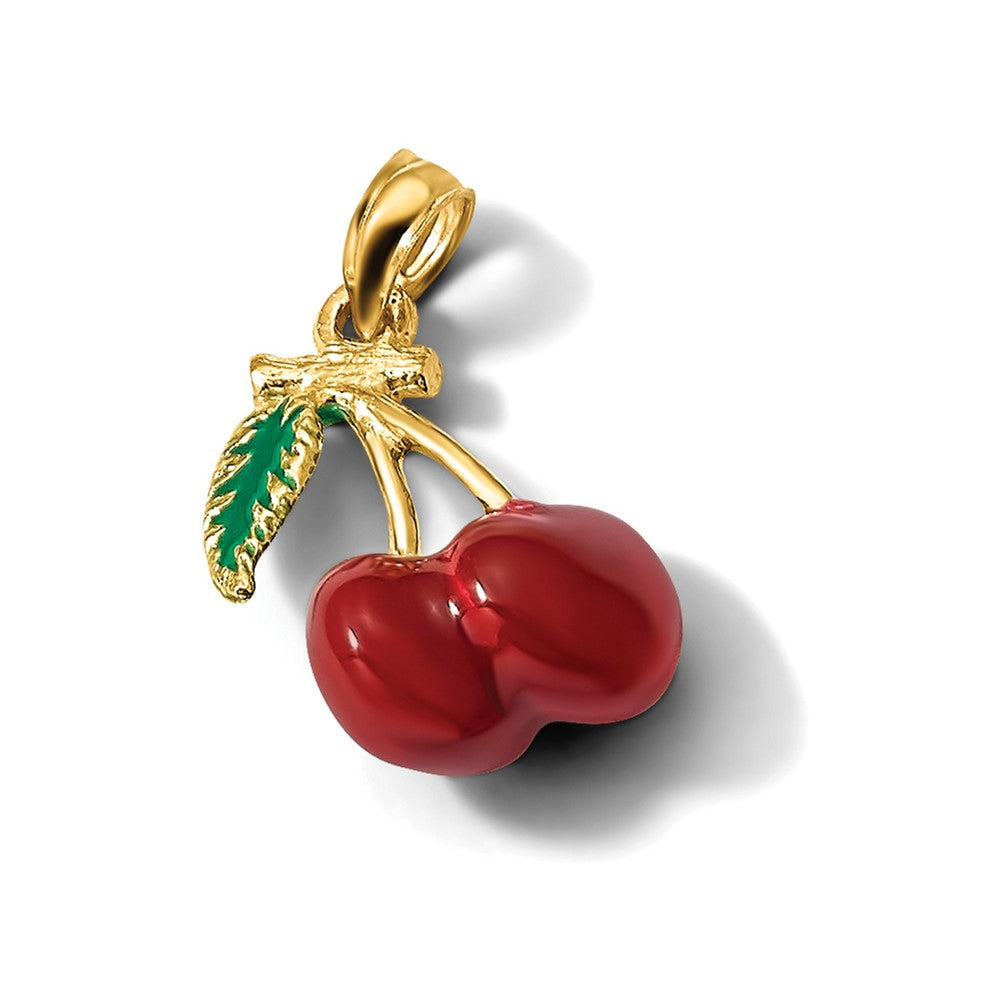 14K 3-D Red and Green Enameled Cherries with Leaf Charm