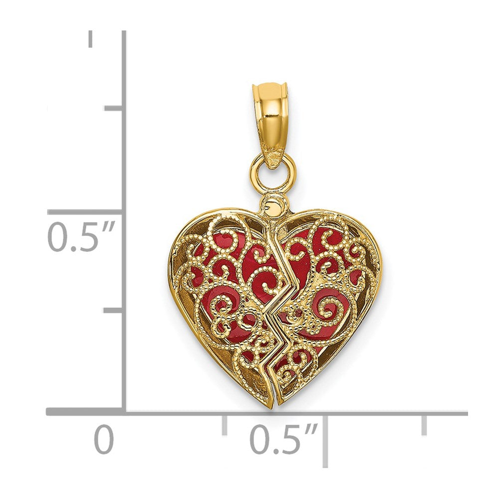 14K Red Enameled 3-D Reversible Filigree Heart That Opens Charm
