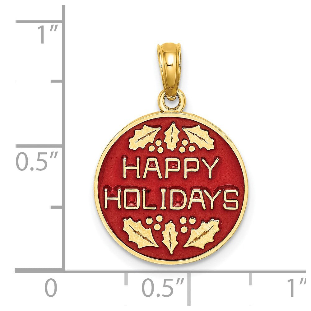 14K Enameled HAPPY HOLIDAYS with Holly Round Disc Charm