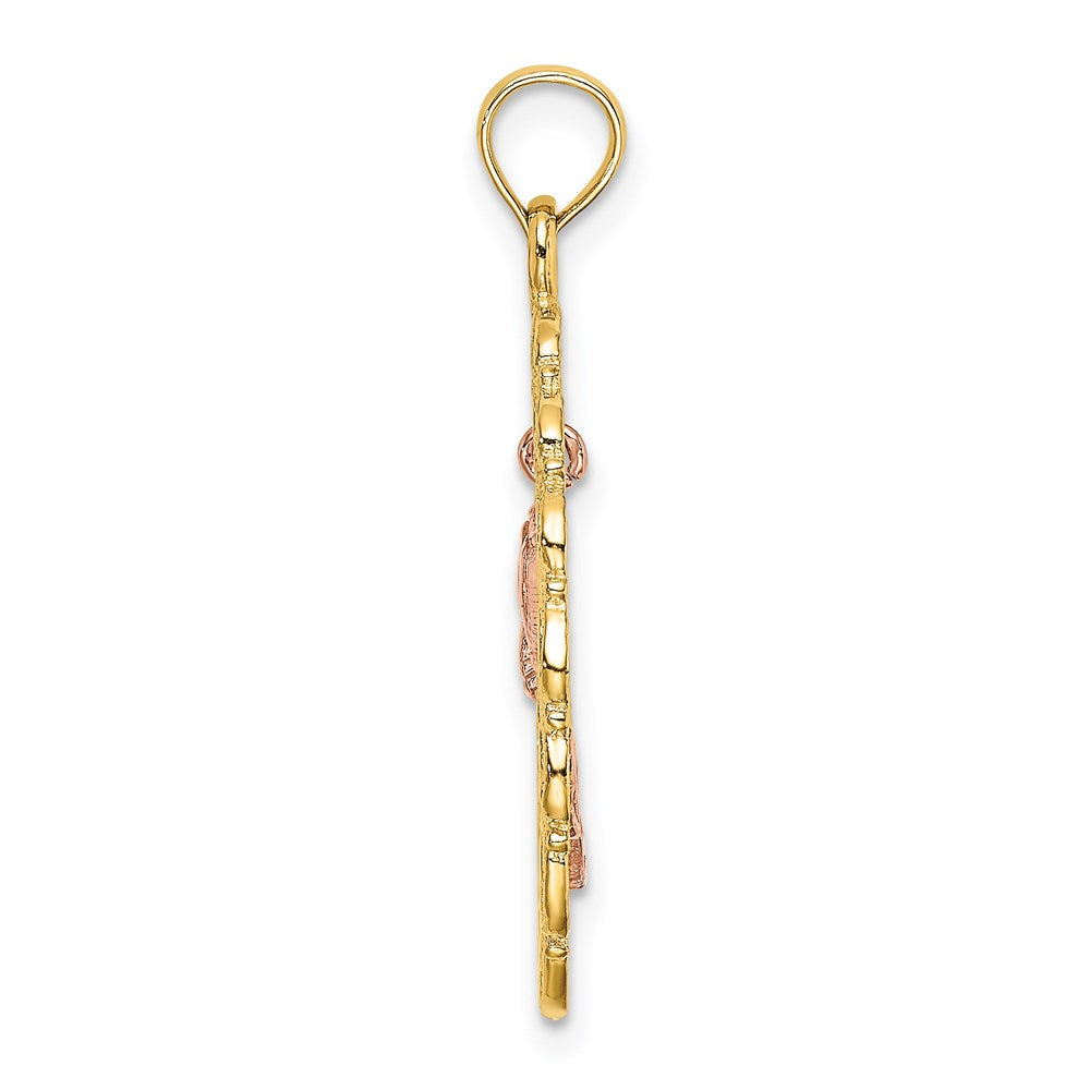14k Two-Tone Textured Oval Frame with Dangling Rose Charm