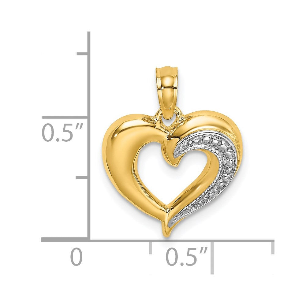 14k and White Rhodium Polished and Textured Heart Charm