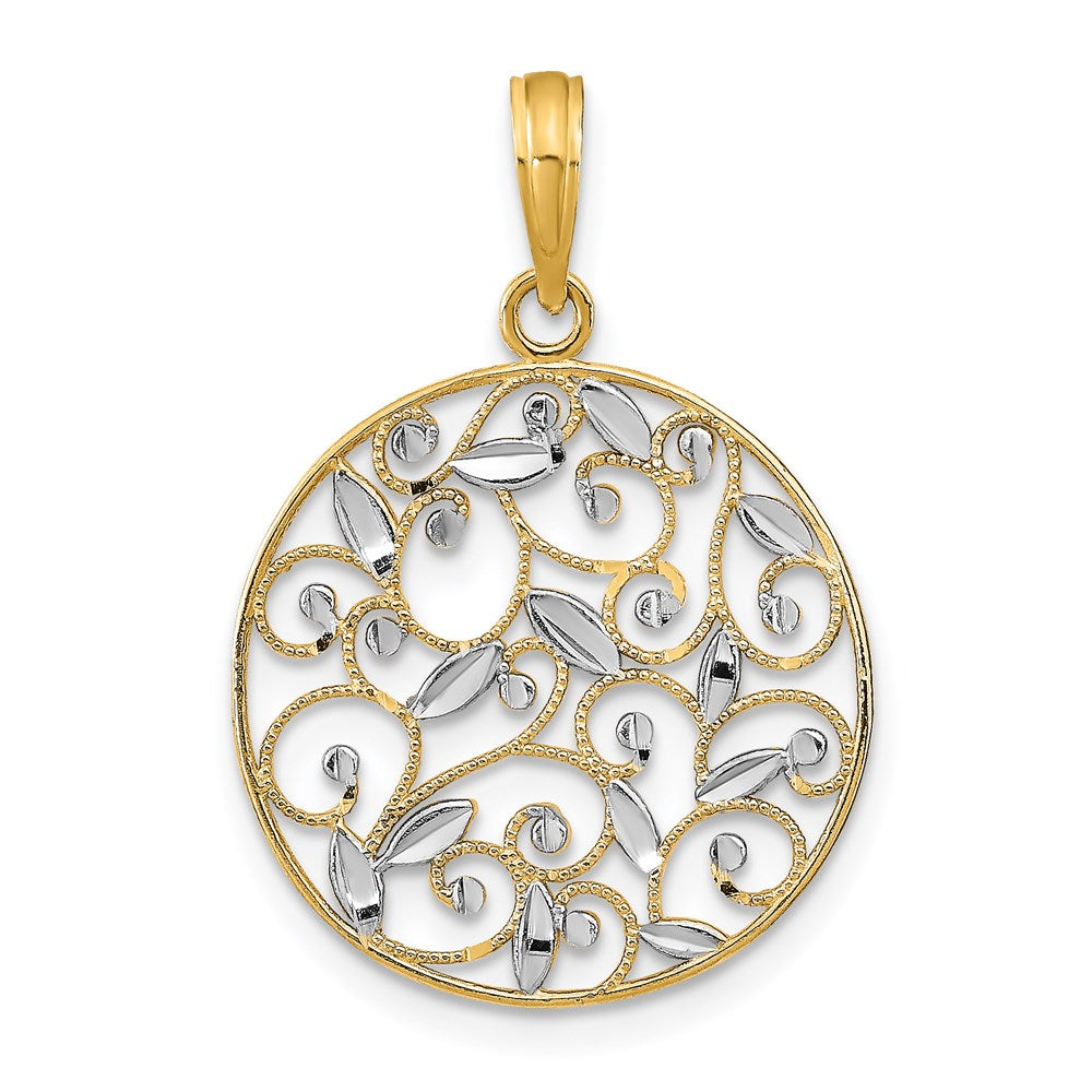 14K and White Rhodium Diamond-cut Filigree Round Charm
