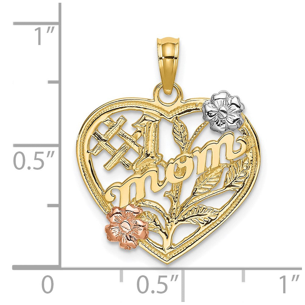 14k Two-tone with White Rhodium #1 MOM Heart with Flower Charm