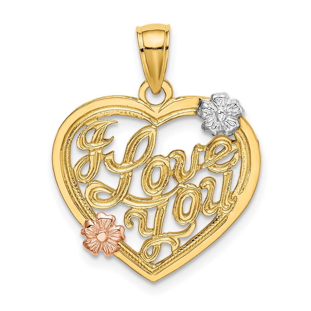 14k Two-tone and White Rhodium I LOVE YOU Heart with Flowers Charm