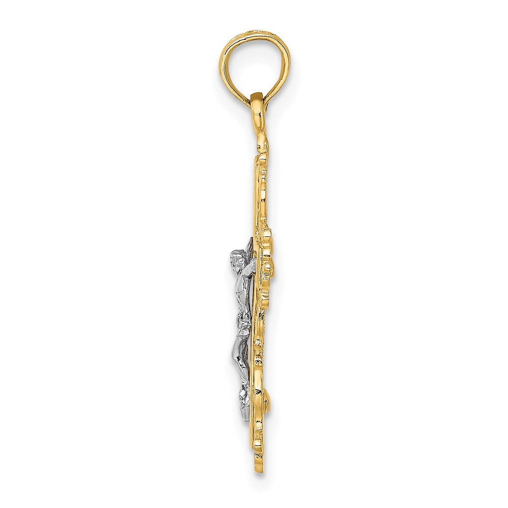 14K and White Rhodium Textured Lace Trim Crucifix Charm