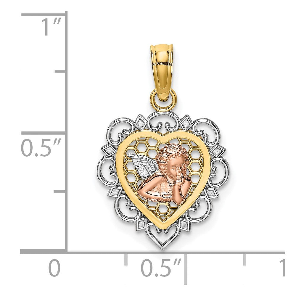14K Two-tone and White Rhodium Small Angel In Scalloped Edge Heart Charm