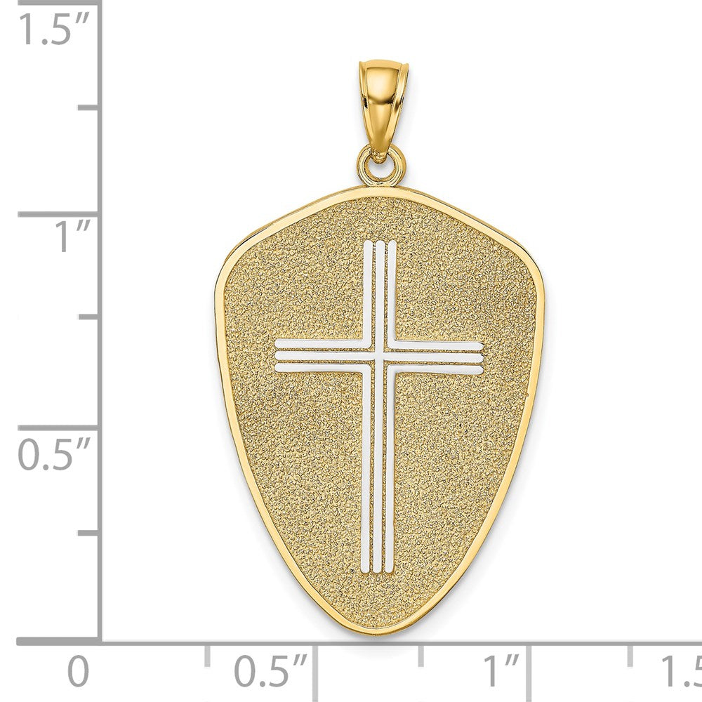 14K with White Rhodium Cross Shield with Joshua 1:9 On Reverse Charm